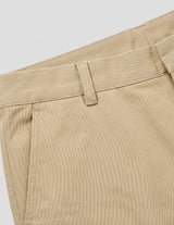 Beige men’s straight fit trousers with button waistband close-up details