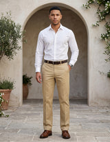 Beige men’s straight fit trousers with button waistband lifestyle