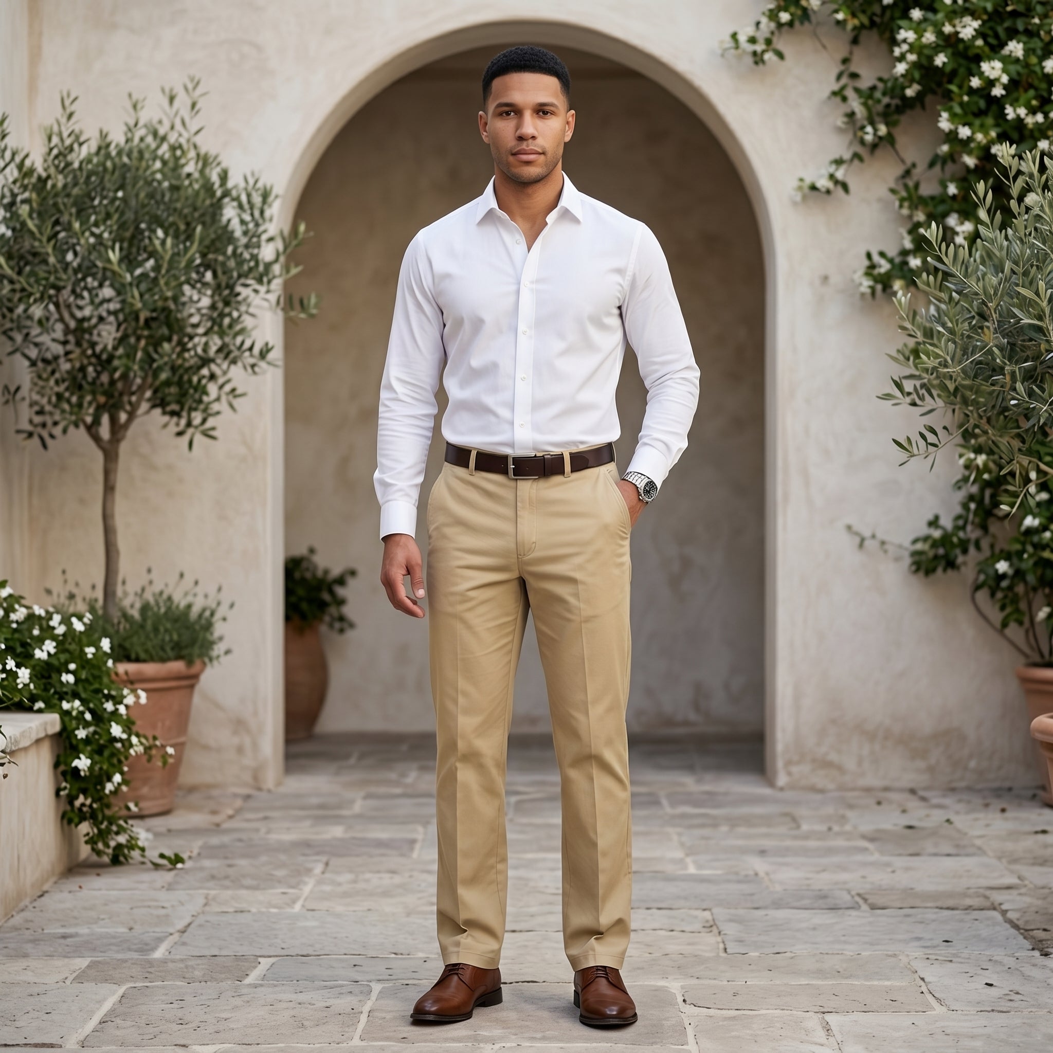 Beige men’s straight fit trousers with button waistband lifestyle
