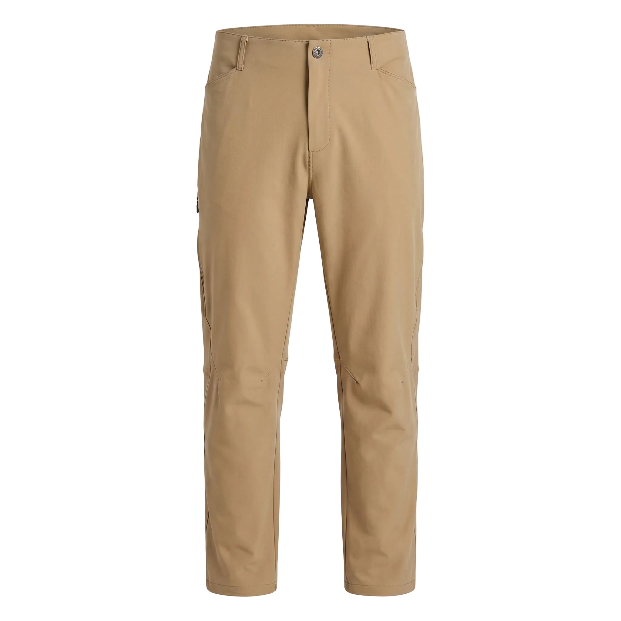 Beige men’s stretch pocketed pants with straight leg and side pockets