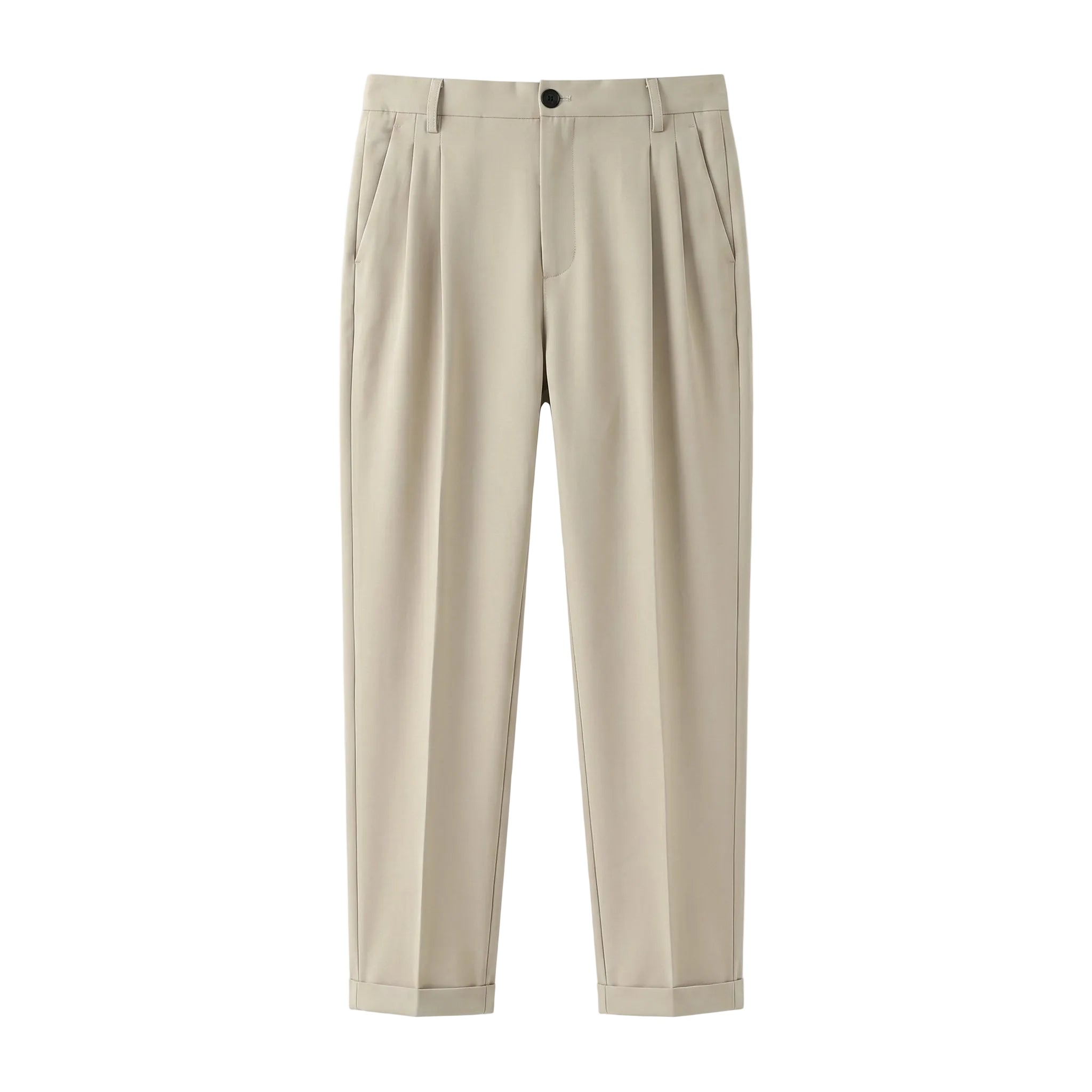 Beige pleated casual pants with tapered legs on a white background.