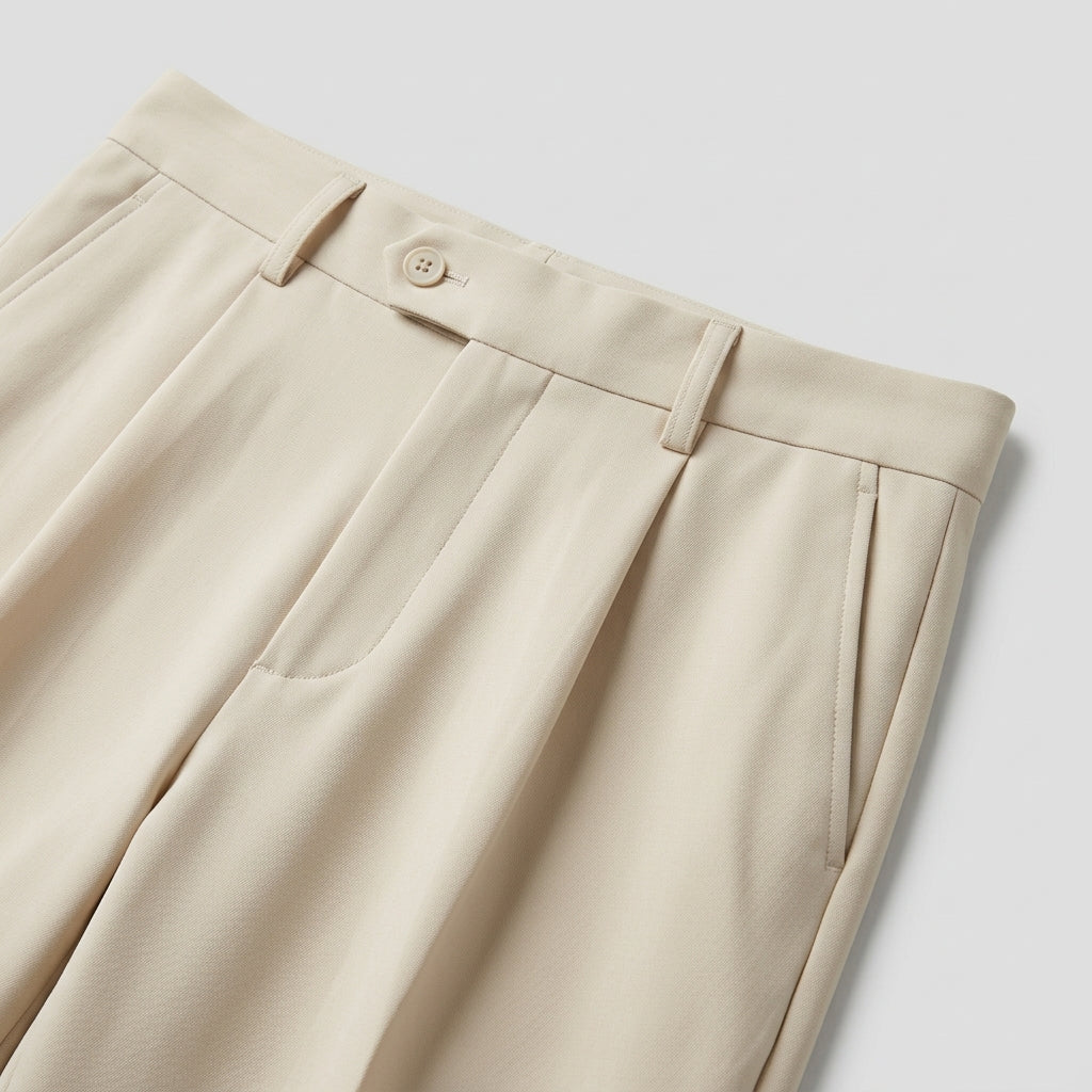 Beige pleated pants on a light gray background, bottom fabric detail