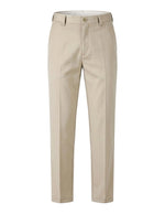 Beige pleated tailored pants with straight legs on a white background.