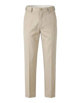 Beige pleated tailored pants with straight legs on a white background.