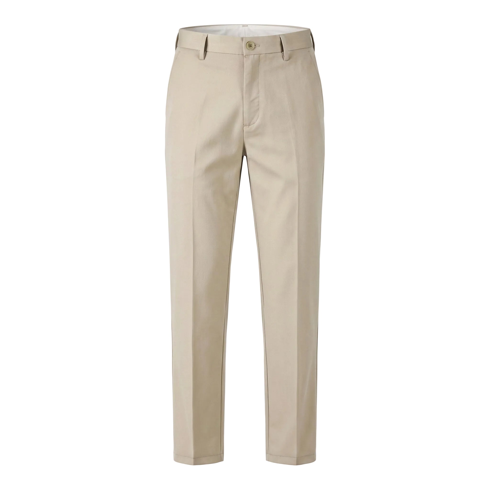 Beige pleated tailored pants with straight legs on a white background.