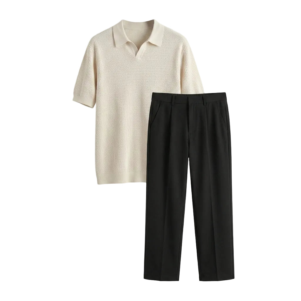 Beige polo shirt and black pants on a light gray background