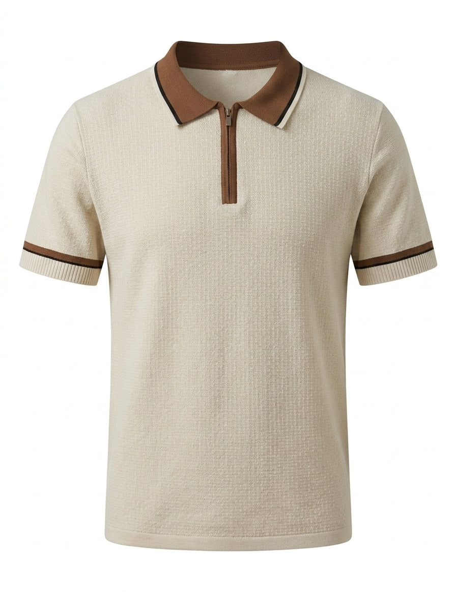 Beige polo shirt with brown accents on a white background