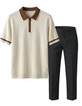 Beige polo shirt with brown collar and trim, paired with black pants on a light gray background
