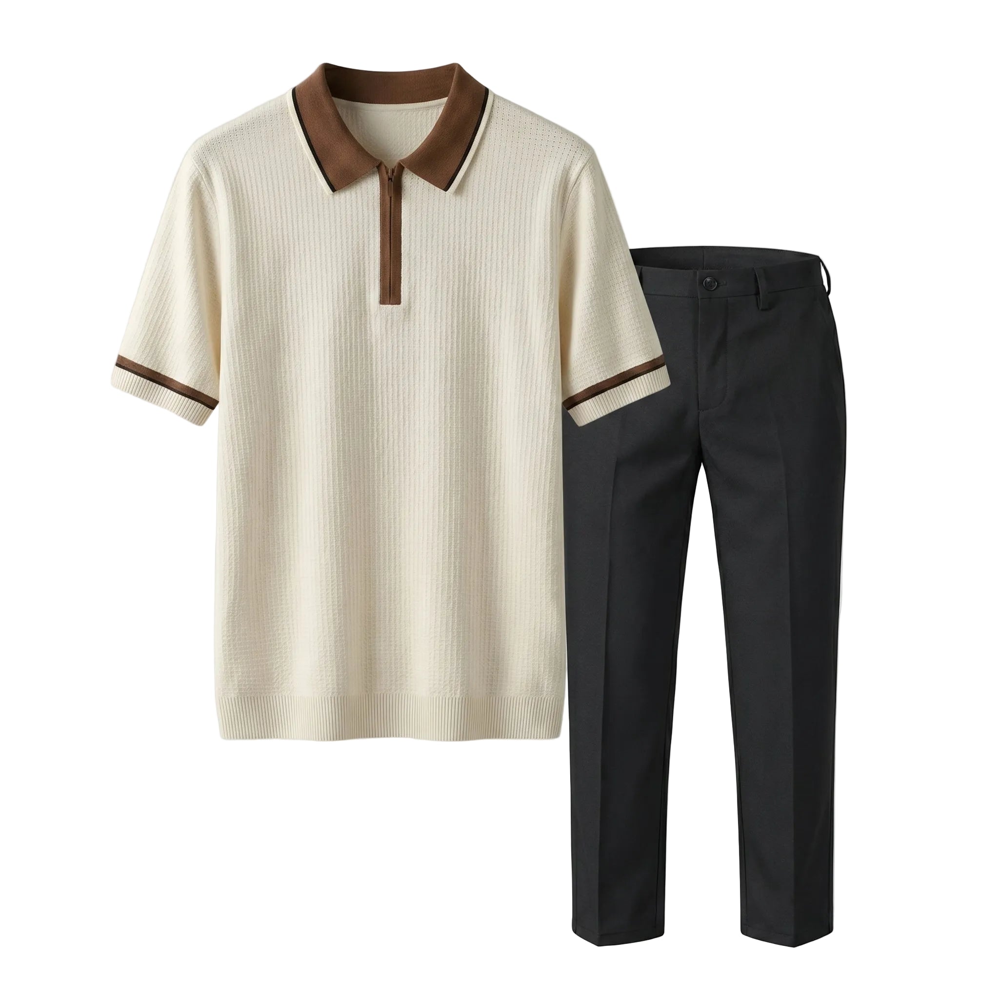 Beige polo shirt with brown collar and trim, paired with black pants on a light gray background