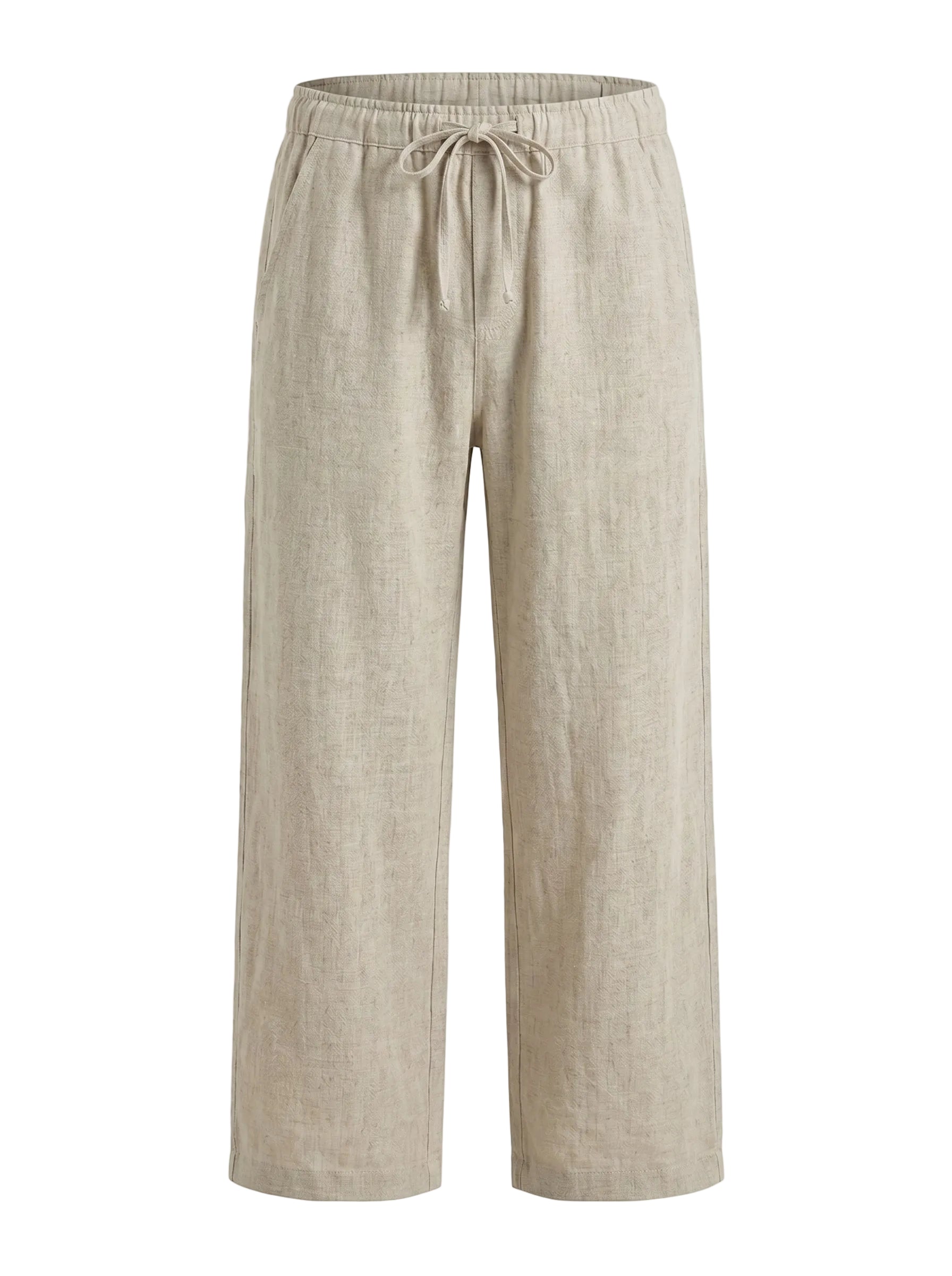 Beige relaxed-fit casual pants on a white background.