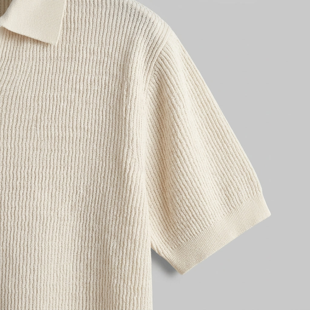 Beige ribbed knit sweater on a gray background