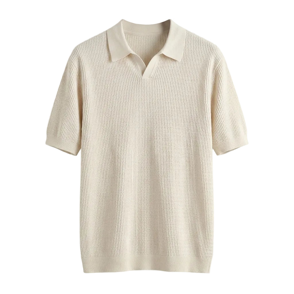 Beige ribbed polo shirt on a white background