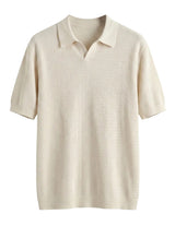 Beige ribbed polo shirt on a white background