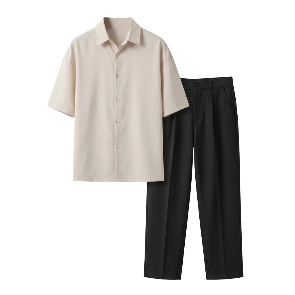 Beige shirt and black pants on a light gray background
