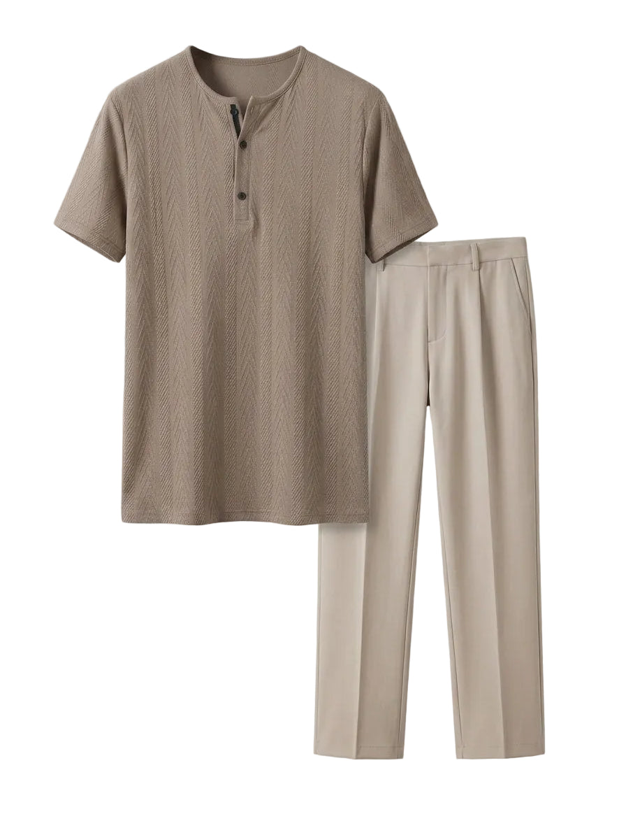 Beige shirt and pants set on a light gray background