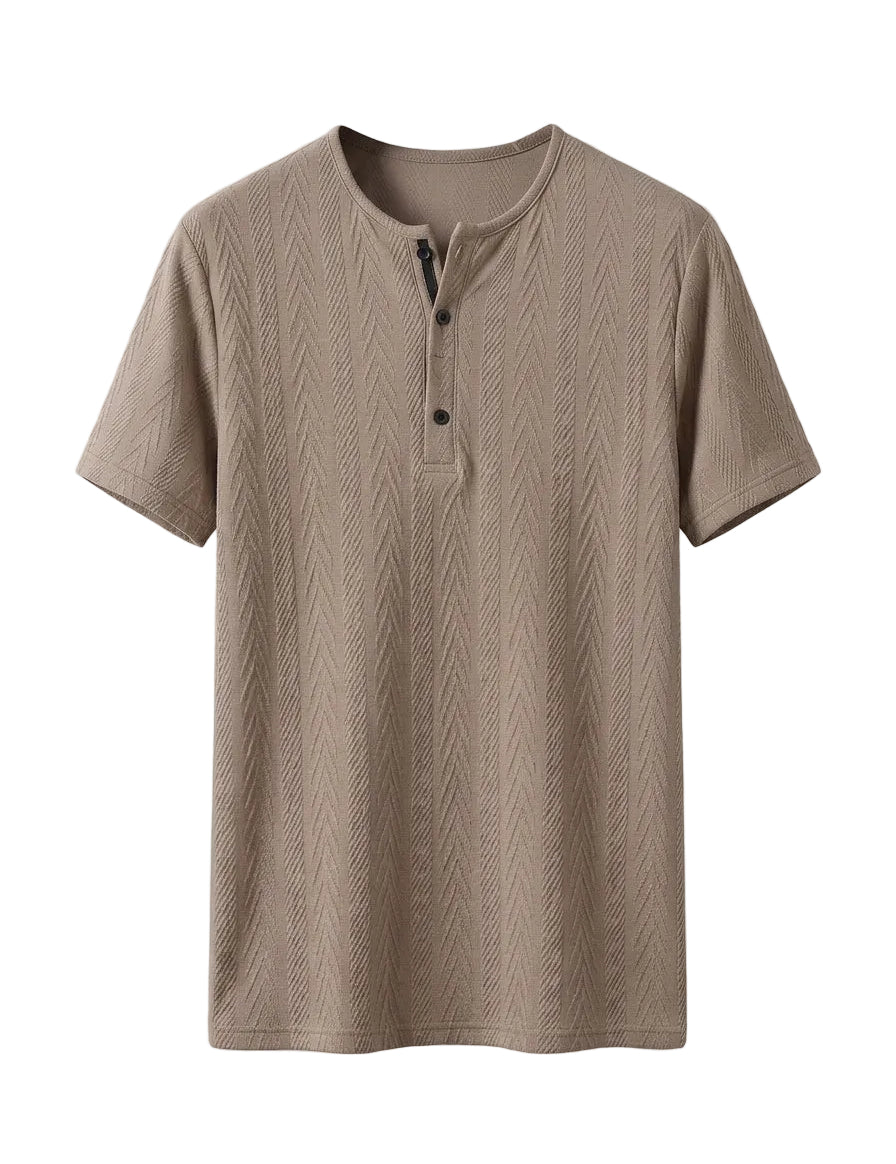 Beige short-sleeve henley shirt on a light gray background