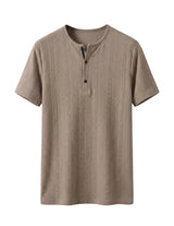 Beige short-sleeve henley shirt on a light gray background
