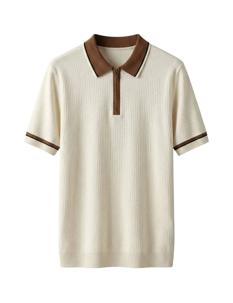 Beige short-sleeve knit shirt with brown collar on a light gray background