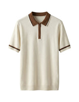Beige short-sleeve knit shirt with brown collar on a light gray background