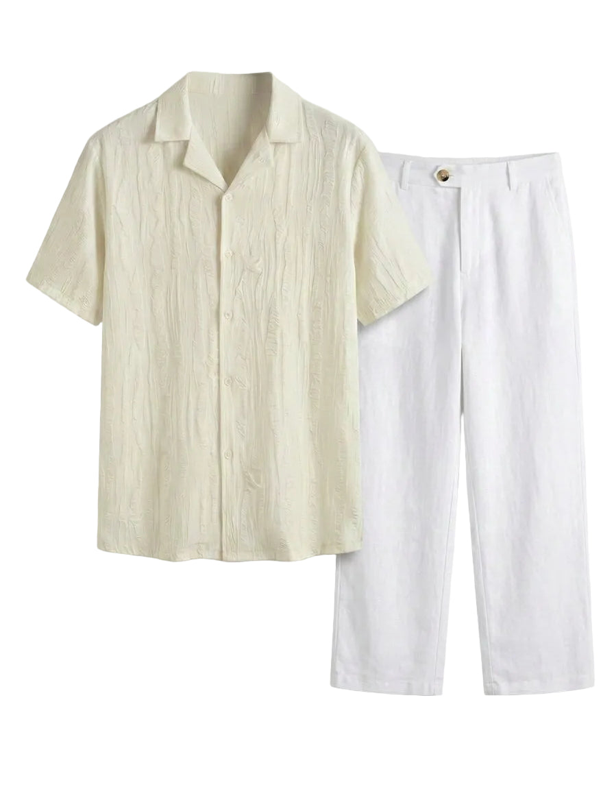 Beige short-sleeve shirt and white pants on a white background