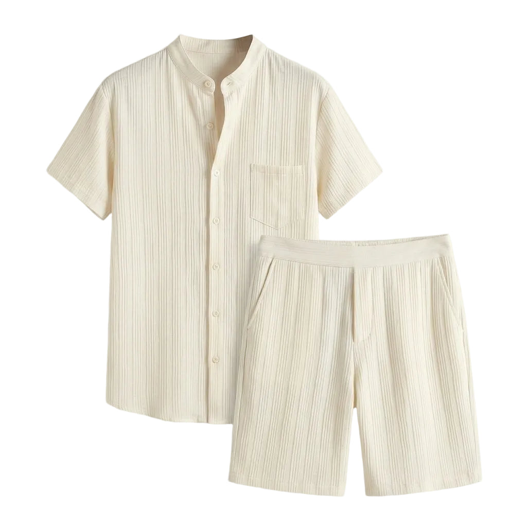 Beige striped shirt and shorts set on a white background