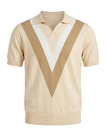 Beige sweater with a V-neck and brown shoulder stripes on a white background