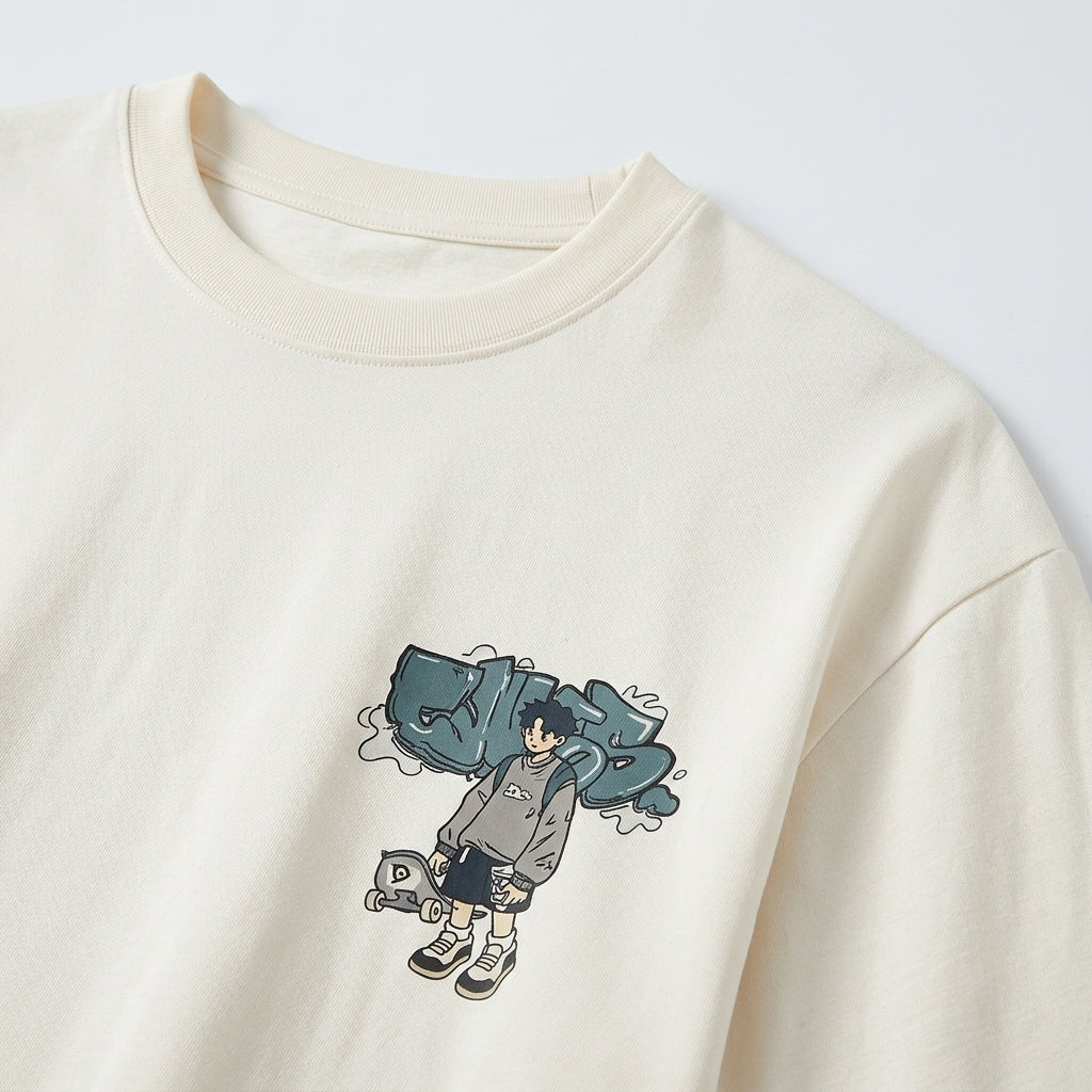 Beige sweatshirt with a graphic design of a person holding a bag on a white background
