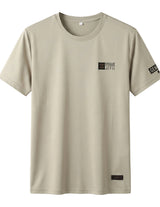 Beige t-shirt with text design on a light gray background
