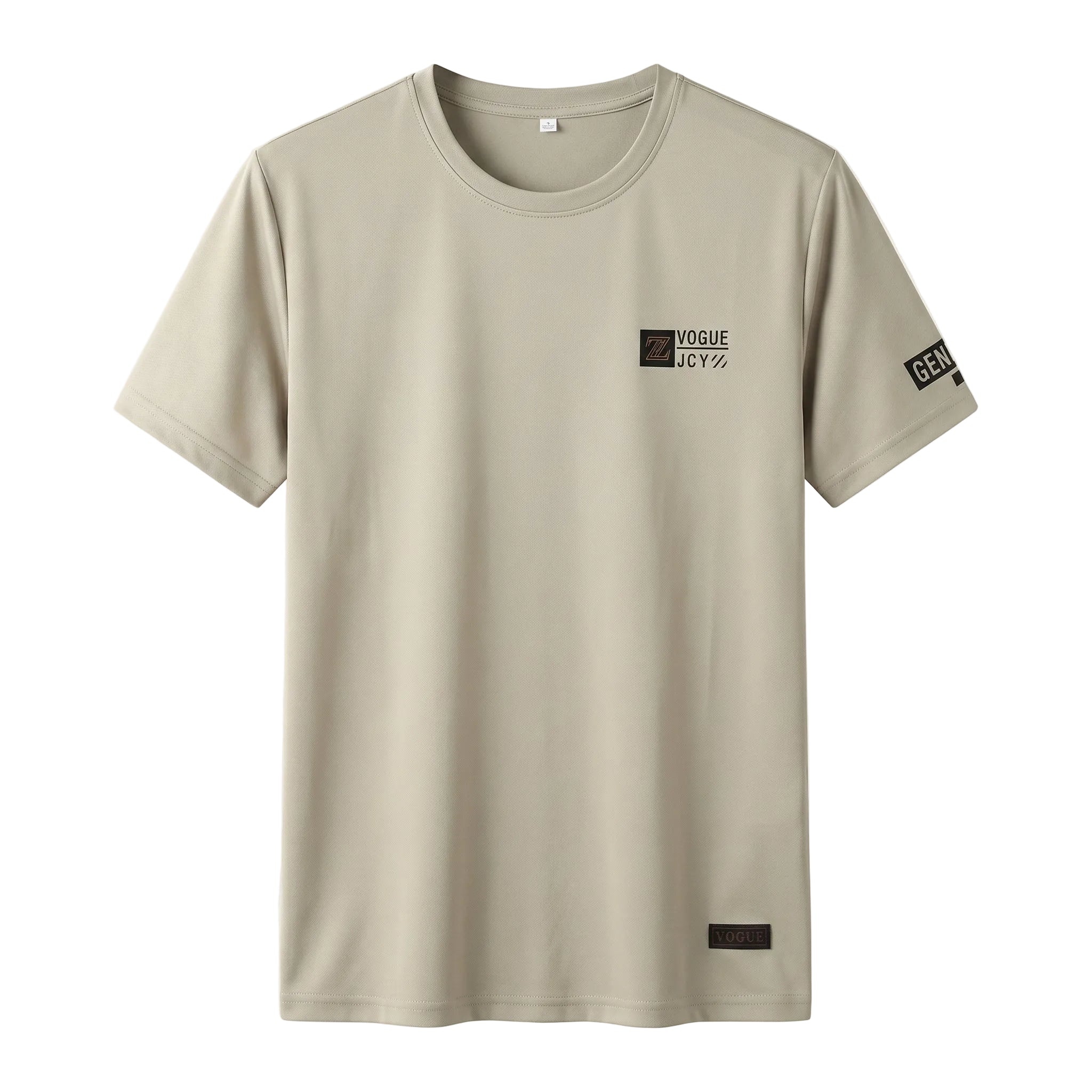 Beige t-shirt with text design on a light gray background