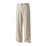 Beige textured relaxed-fit pants with straight legs on a white background.