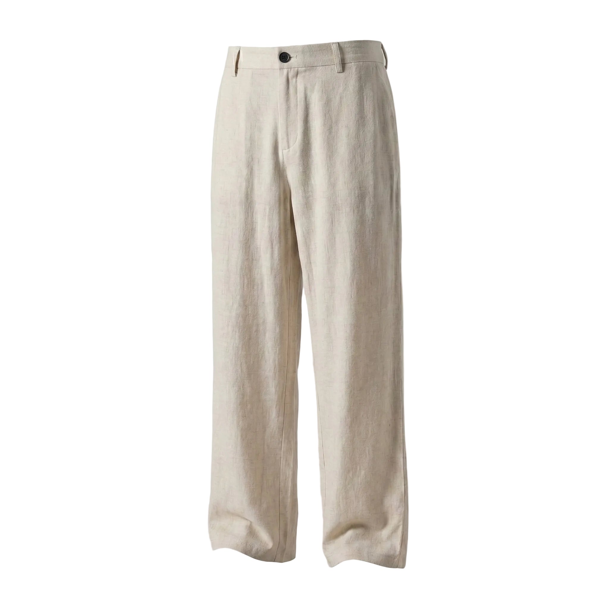 Beige textured relaxed-fit pants with straight legs on a white background.