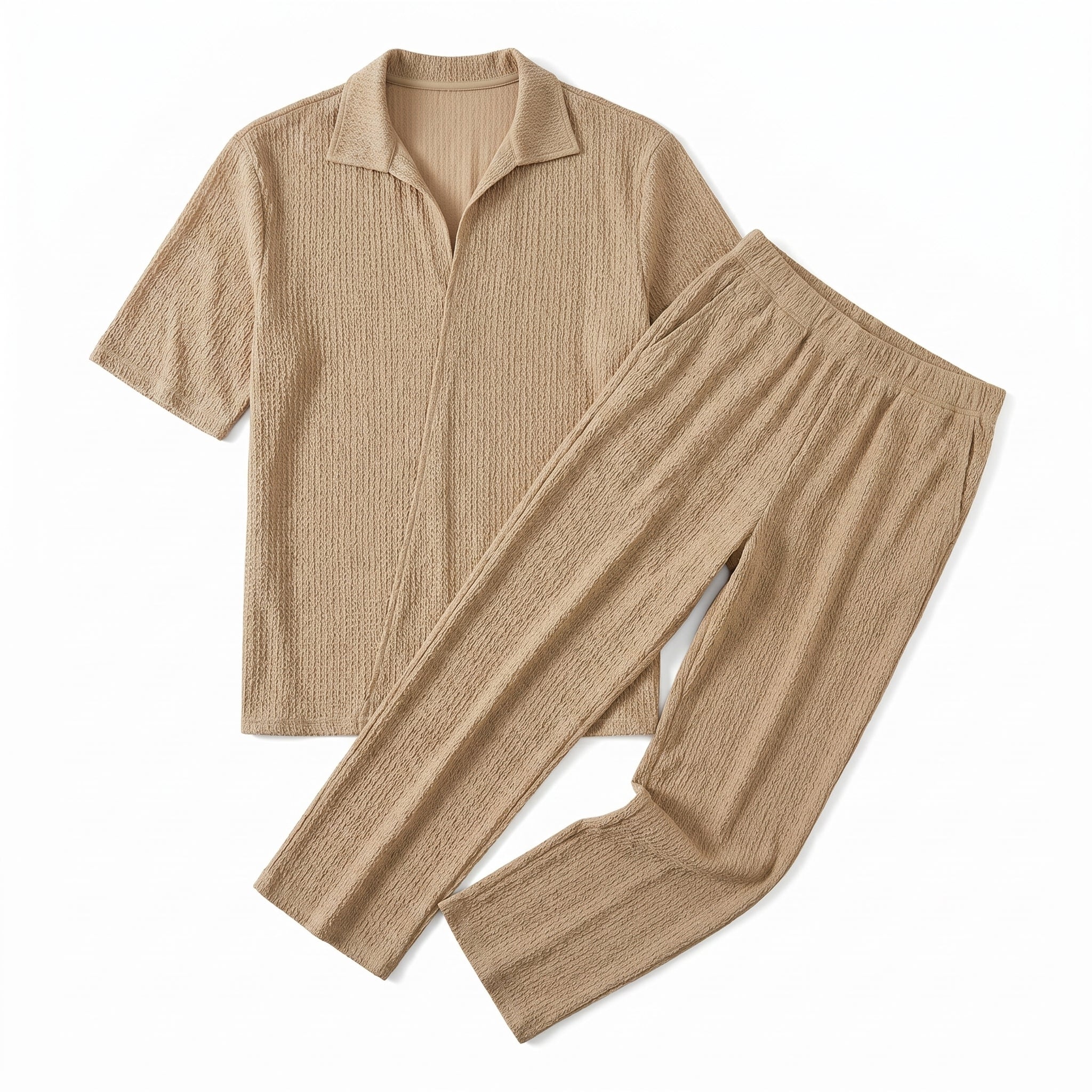 Beige textured short-sleeve shirt with matching straight-leg pants on a white background.