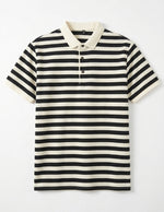 Black and white striped polo shirt on a white background