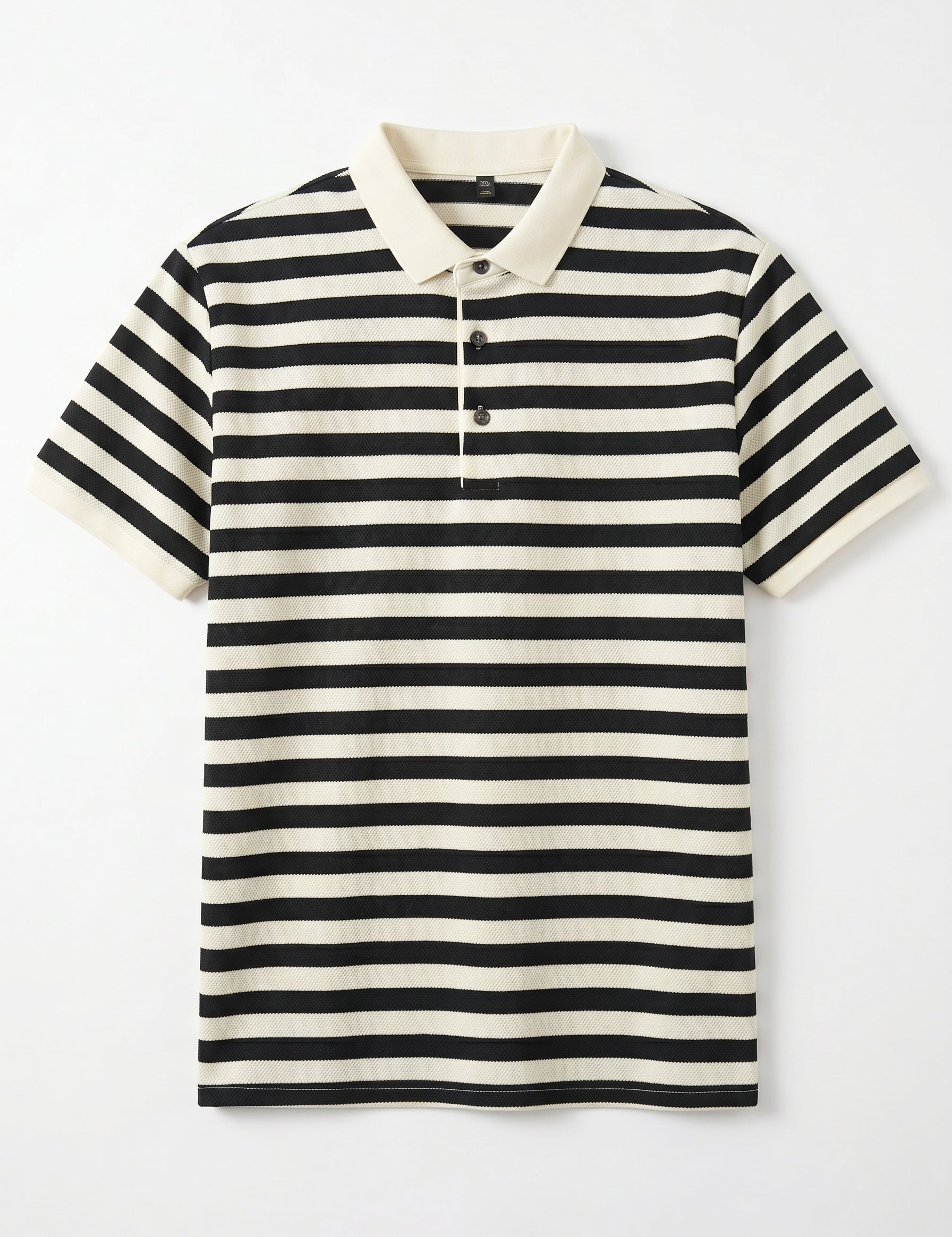 Black and white striped polo shirt on a white background