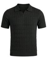 Black cable knit polo shirt on a light gray background