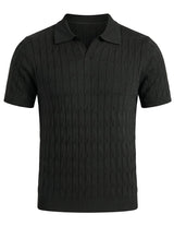 Black cable knit polo shirt on a light gray background