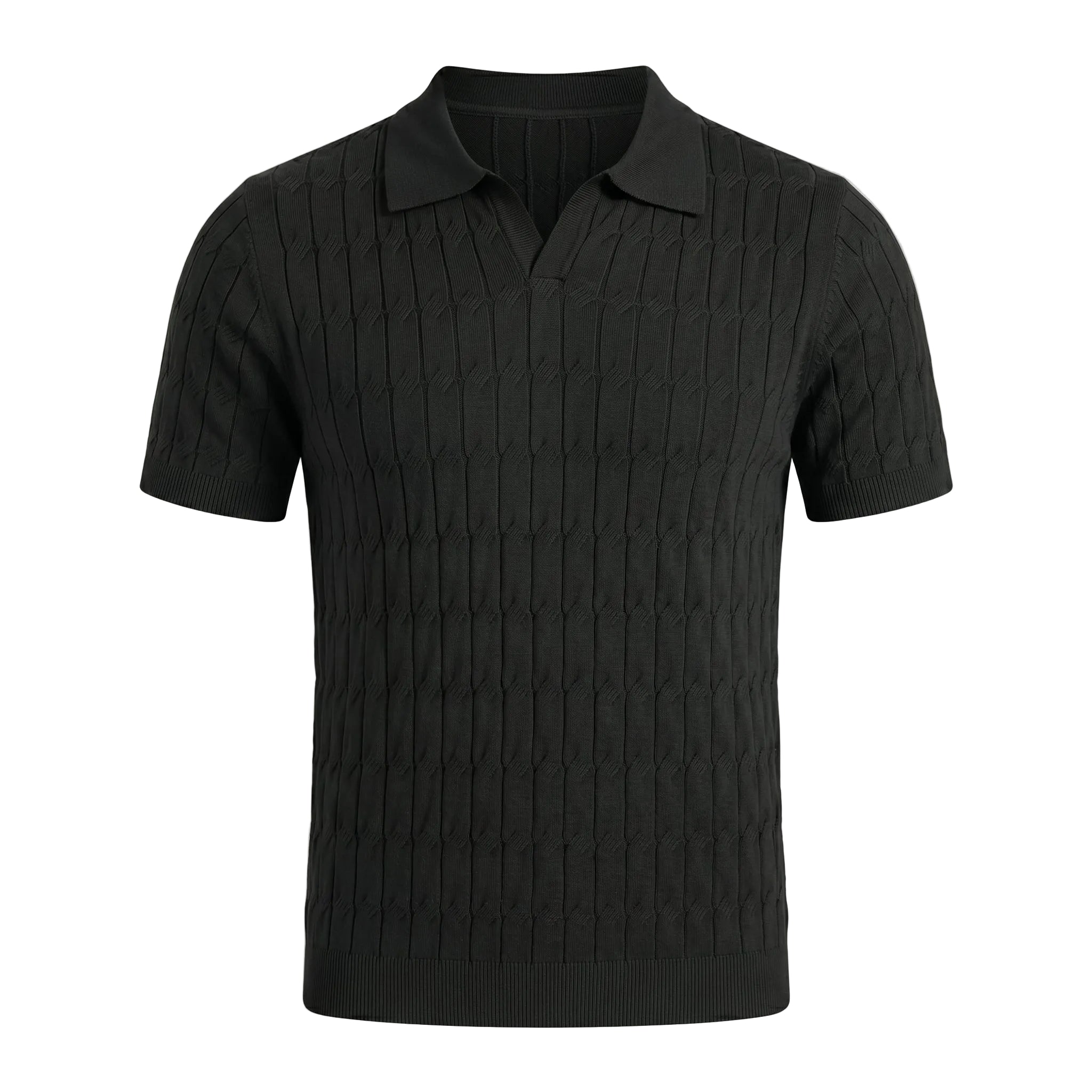 Black cable knit polo shirt on a light gray background