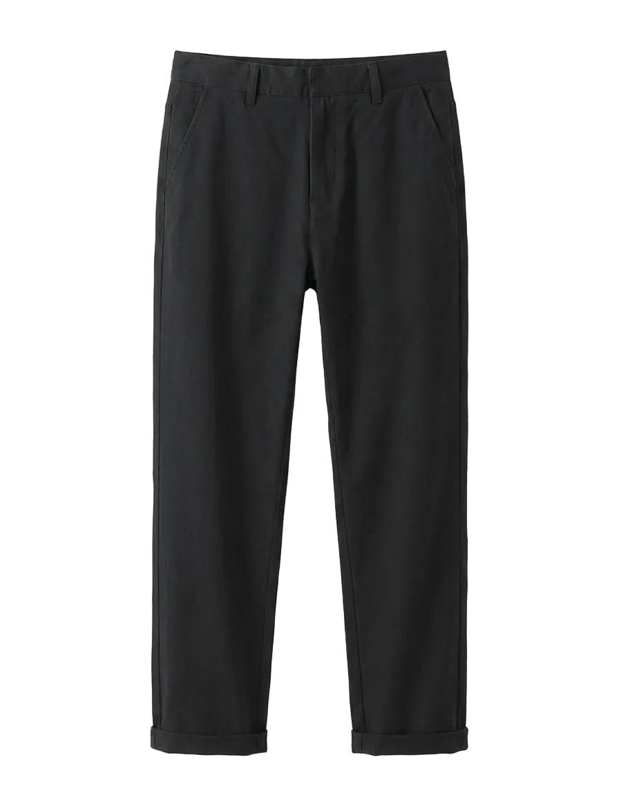 Black casual pants with relaxed straight-leg fit on a white background.