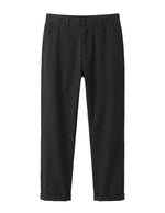 Black casual pants with relaxed straight-leg fit on a white background.
