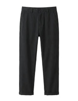Black casual pants with relaxed straight-leg fit on a white background.