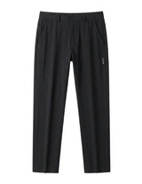 Black casual pants with tapered straight legs on a white background.