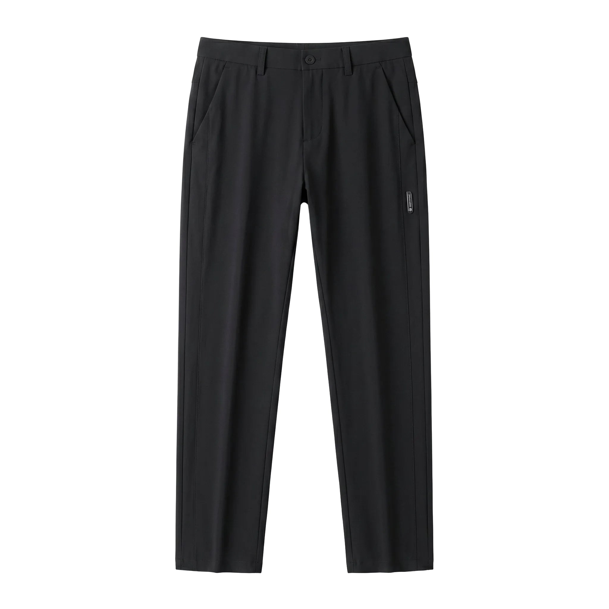 Black casual pants with tapered straight legs on a white background.