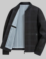 Black checkered jacket with a striped inner lining on a light gray background