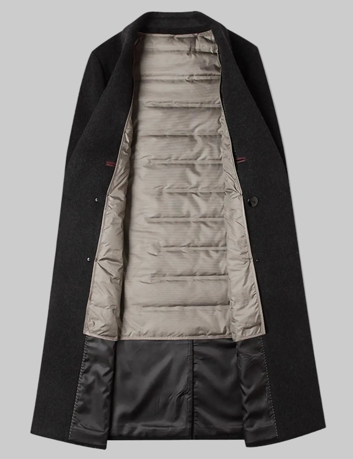 Black coat with beige lining on a white background