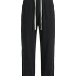 Black drawstring jogger pants with tapered legs on a white background.