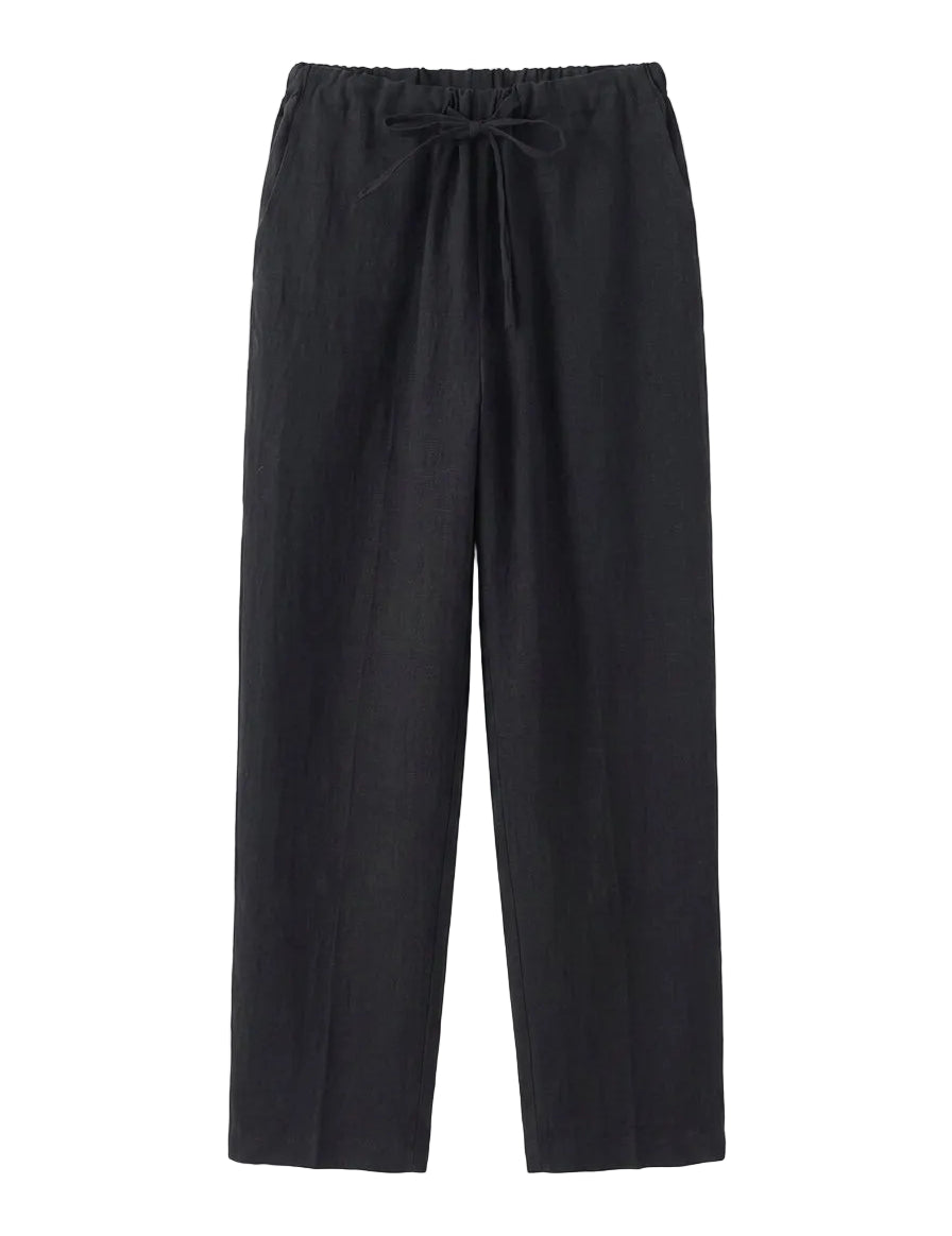 Black drawstring relaxed-fit pants with straight legs on a white background.