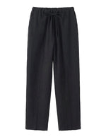 Black drawstring relaxed-fit pants with straight legs on a white background.