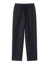 Black drawstring relaxed-fit pants with straight legs on a white background.