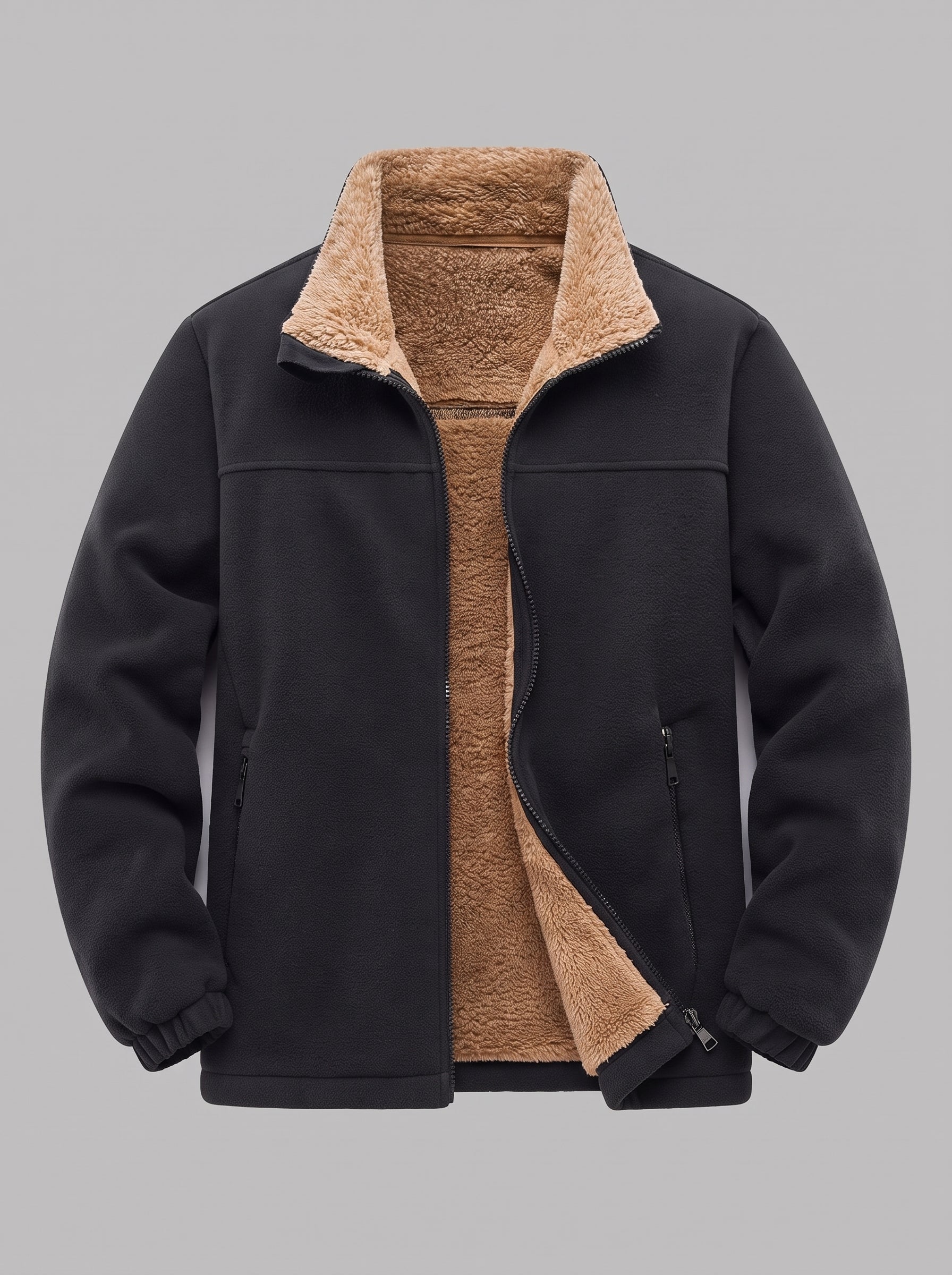 A men's black fleece jacket with a plush tan sherpa lining, shown open against a solid gray background.