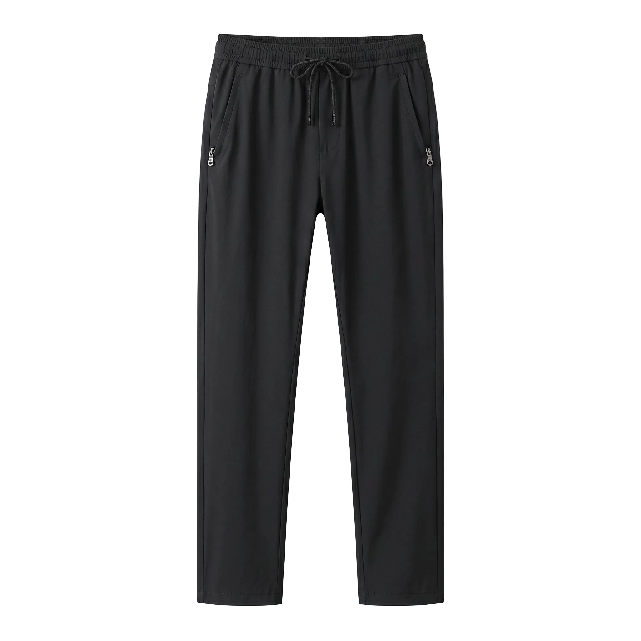 Black jogger pants with elastic waistband and tapered legs on a white background.